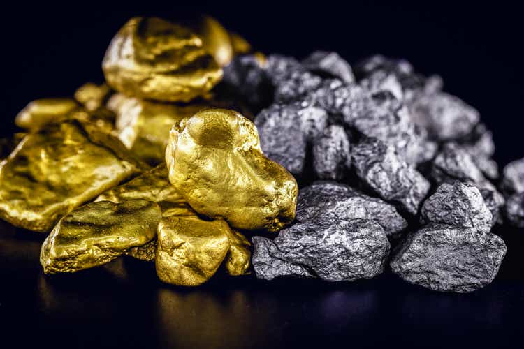 stones of gold and silver gross, mineral extraction of gold and silver. Concept of luxury and wealth.
