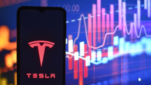Tesla (TSLA) logo on a smartphone screen stock image. Tesla is an innovative company focused on producing sustainable electric vehicles and clean energy solutions